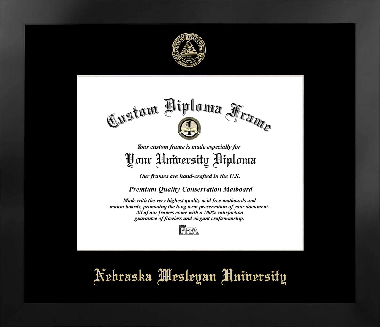 Nebraska Wesleyan University 11w x 8.5h Manhattan Black Single Mat Gold Embossed Diploma Frame with Bonus Campus Images Lithograph (value savings at $59)